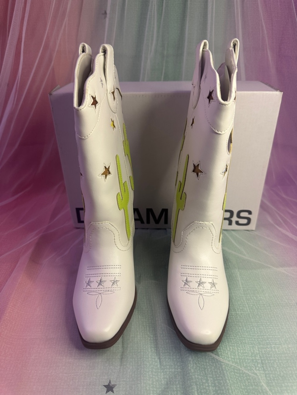 Dream Pairs White Ankle Boots with Lime Green Cactus and Gold Star Accents